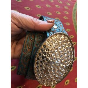 Women Western Turquoise Belt Silver Metal Round Rhinestone Bling Buckle 31-35”